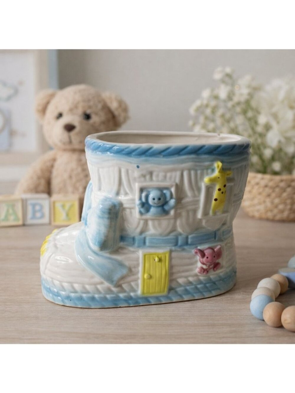 Vintage Baby Boot Planter Ceramic Nursery Decor Noahs Ark Animals Blue White